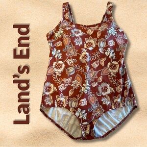 Lands' End Peach & Brown Floral Vine Paisley One-Piece Swimsuit. Size 18. NWOT